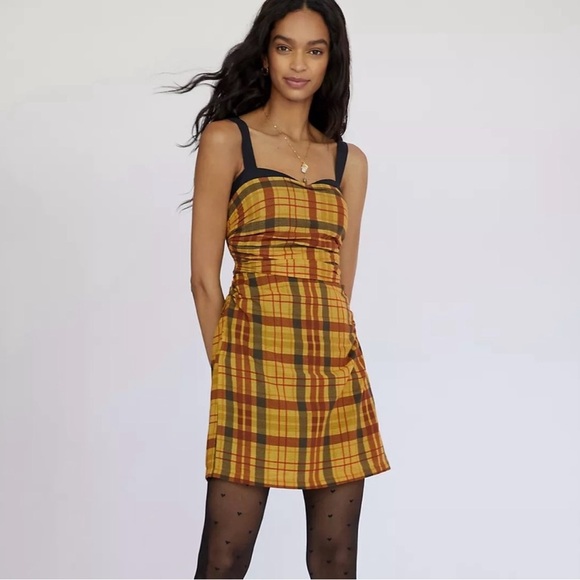 Anthropologie Let me be Forever That Girl Plaid Mini Dress yellow Size SM NWT - Picture 1 of 6
